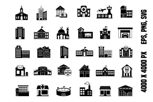 Black Set of Buildings Icons for Graphics and Crafts