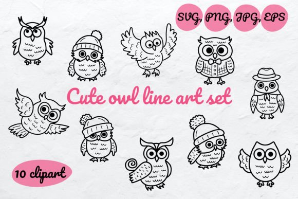 Cute Owl Line Art Set for Graphic Templates and Graphics