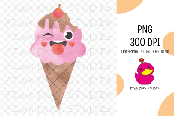 Watercolor Ice Cream Cone Summer Pink Graphics for Crafts