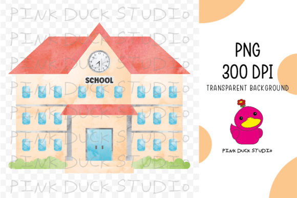 Watercolor School Building Cute Clipart for Graphics and Crafts
